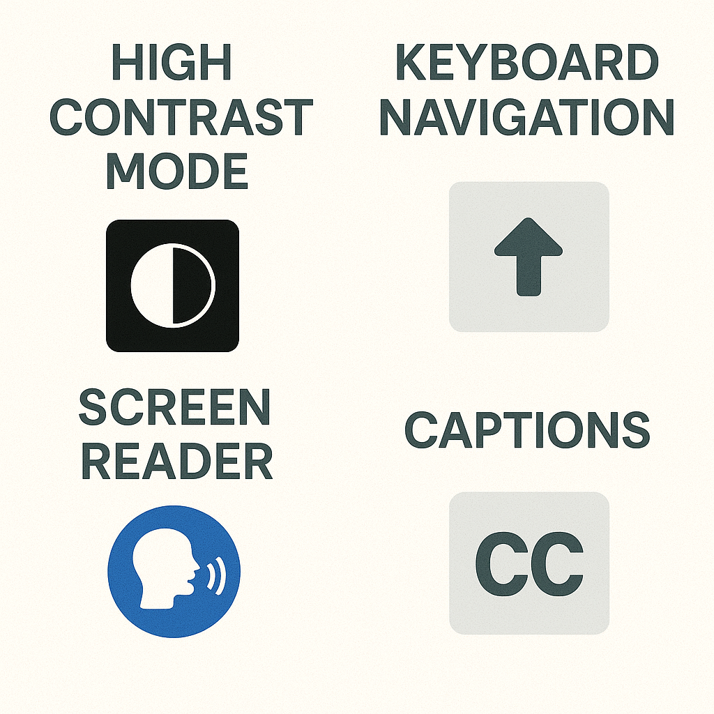 A grid showing icons and labels for four accessibility features: high contrast mode, keyboard navigation, screen reader, and captions.