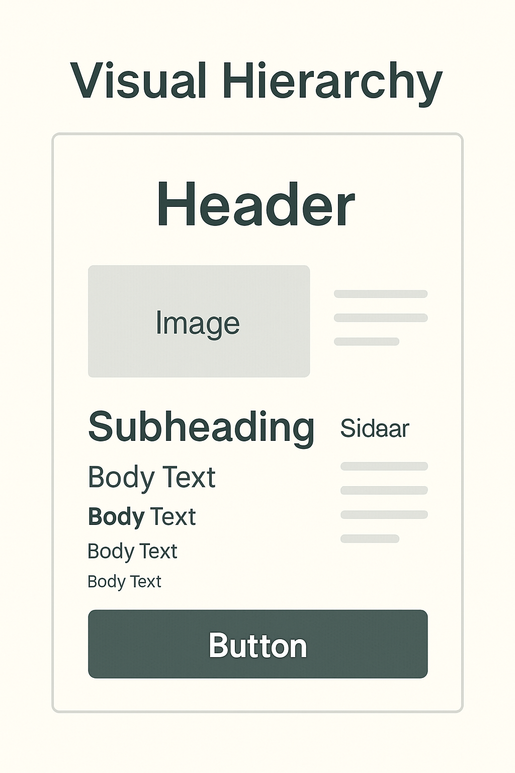 A wireframe layout illustrating visual hierarchy using varied text sizes for a header, subheading, body text, image, sidebar, and button.