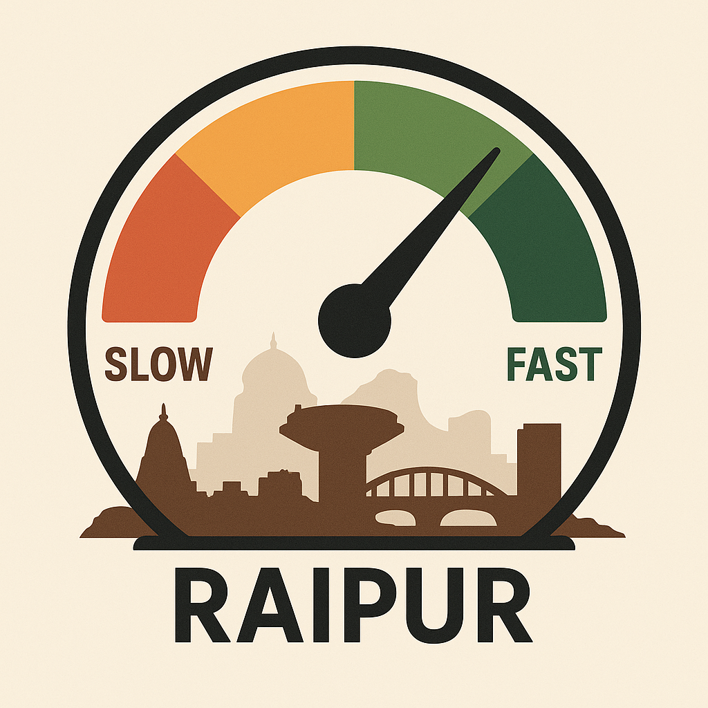 A speedometer gauge with the needle pointing toward "FAST," overlaid on a brown silhouette of Raipur landmarks including temples, bridges, and modern architecture.
