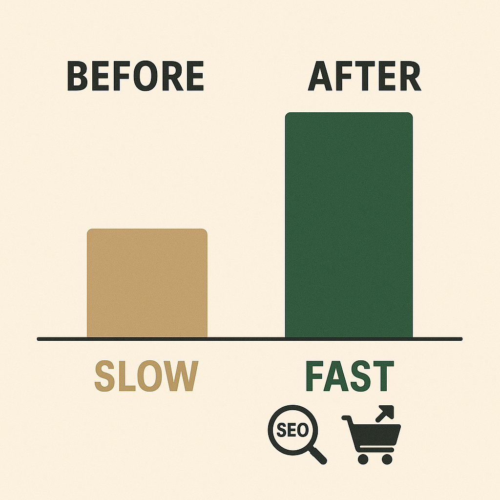 A bar graph with a short brown "SLOW" bar labeled "BEFORE" and a taller green "FAST" bar labeled "AFTER," featuring SEO and sales icons below the fast bar.