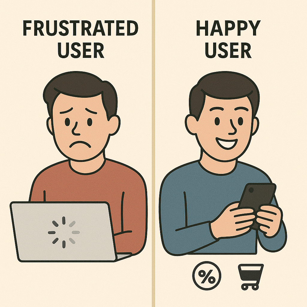A split-screen showing a sad user staring at a laptop with a loading spinner on the left, and a smiling user browsing on a smartphone on the right.