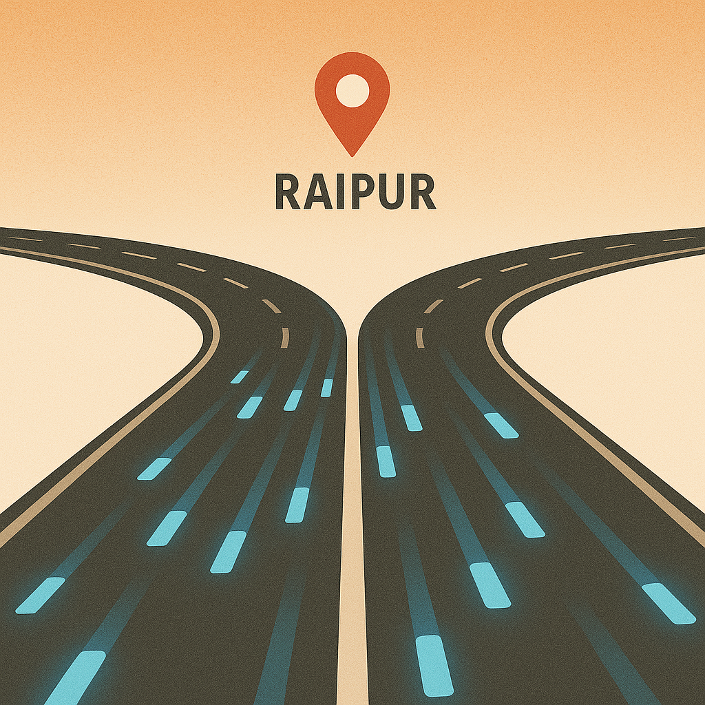 Illustration of two modern roads merging toward a red Raipur location pin, with blue glowing data packets flowing along dark lanes over a beige-orange background.