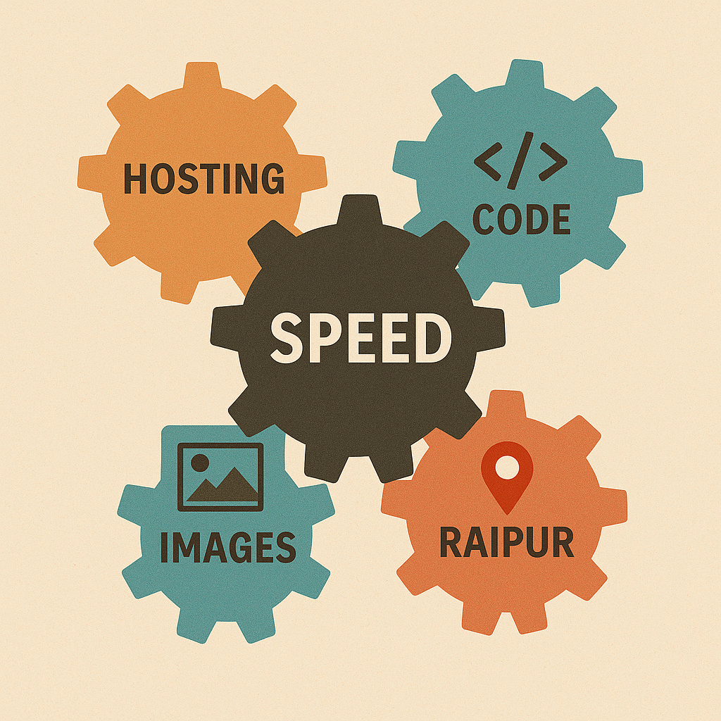A graphic of five interlocking gears labeled SPEED, HOSTING, IMAGES, CODE, and RAIPUR, with the SPEED gear at the center representing optimization focus.
