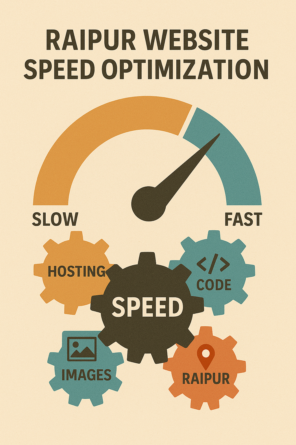 Infographic featuring a speed gauge pointing to “Fast” and interlocking gears labeled Hosting, Code, Images, Raipur, and Speed.