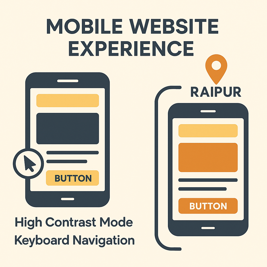 A split-screen illustration showing two mobile phones; one with accessibility features like high contrast and keyboard navigation, and another with a Raipur location pin and local design layout.