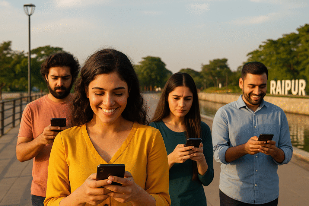 A group of four South Asian people at Marine Drive in Raipur, each engaged with their smartphones—some smiling, some focused—with the RAIPUR sign and water in the background.