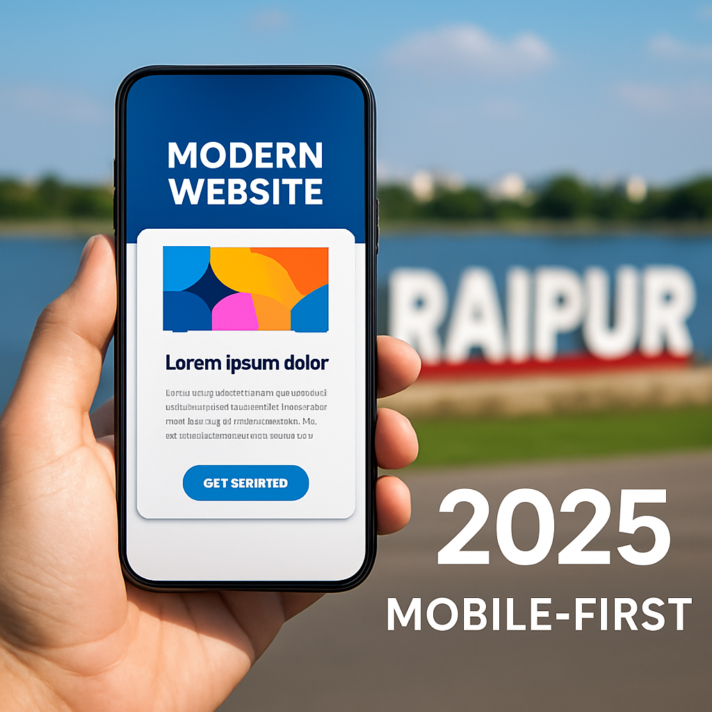 A hand holding a smartphone showing a colorful, modern website UI, with the Raipur Marine Drive landmark blurred in the background and text overlay reading “2025 Mobile-First.”