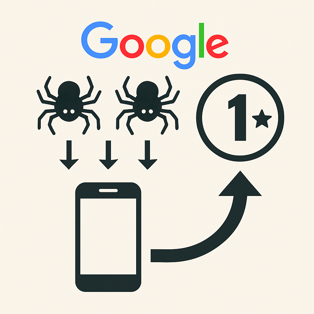 A simplified graphic showing Google crawlers targeting a mobile phone with arrows pointing to a ranking icon labeled "1★", representing higher search rankings.