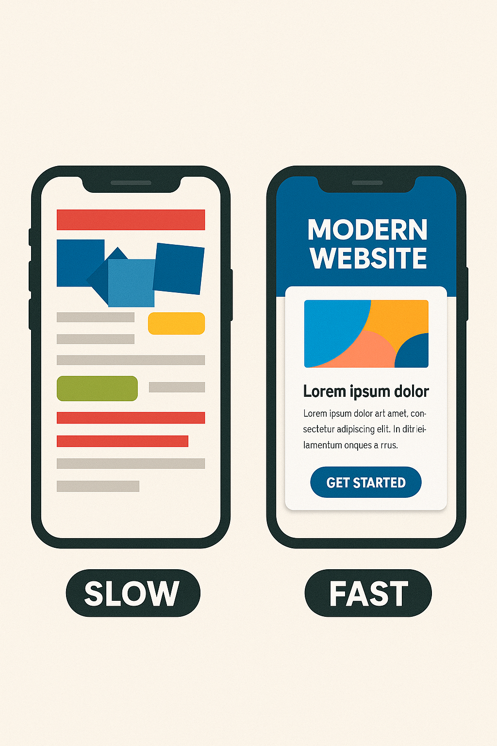Two phone screens side-by-side; one with a cluttered, outdated website labeled “SLOW,” and one with a sleek, modern layout labeled “FAST.”