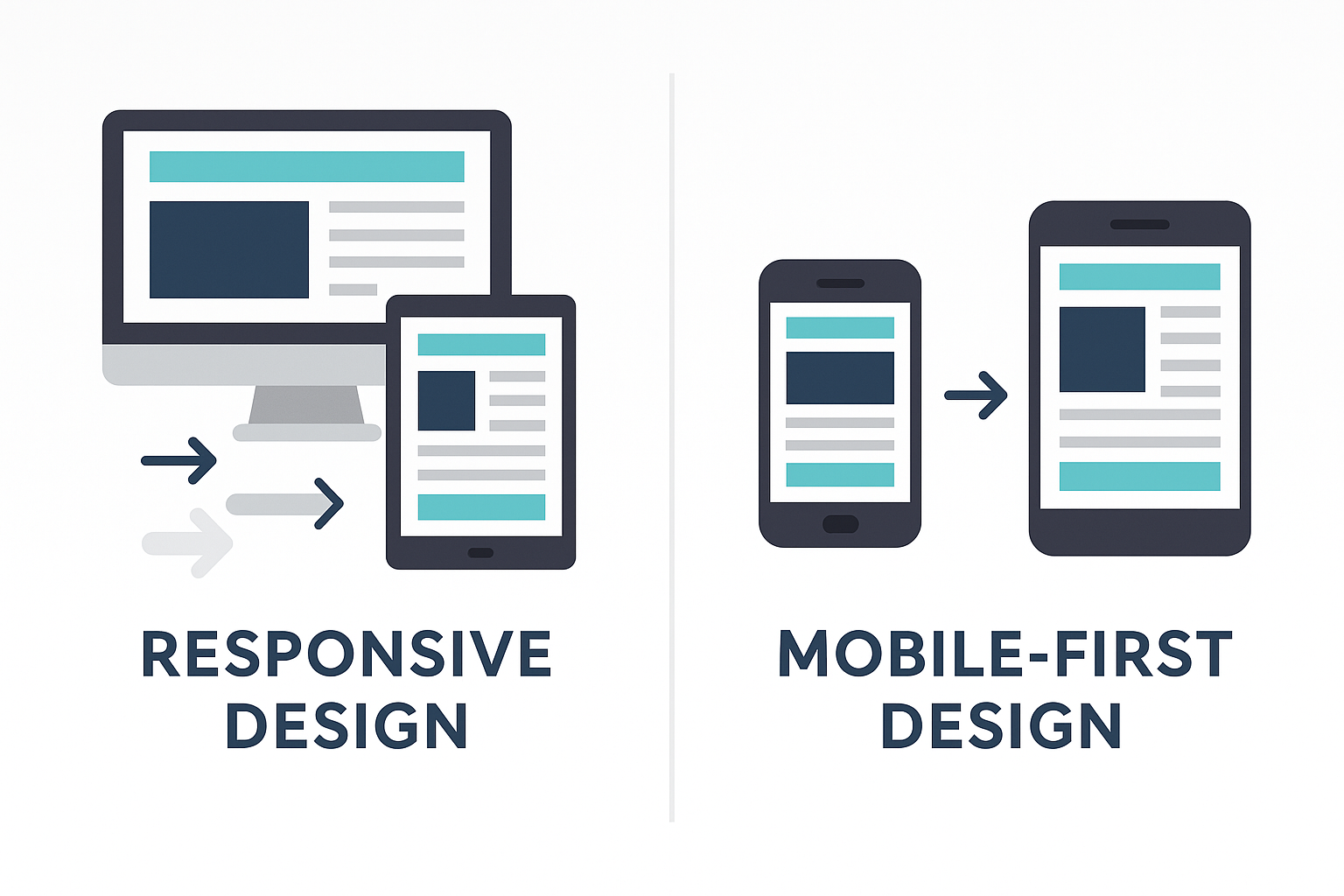 A side-by-side infographic showing responsive design starting from desktop and scaling down, versus mobile-first design starting from phone and scaling up to larger devices.