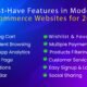 "Checklist of must-have features for modern e-commerce websites in 2025 including shopping cart, product page, mobile analytics, and payment options"