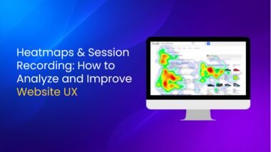 A presentation slide with a vibrant blue and purple gradient background. On the left, white and yellow text reads “Heatmaps & Session Recording: How to Analyze and Improve Website UX.” On the right, a desktop monitor displays a heatmap overlay on a Google search result page, highlighting user attention areas in red, yellow, green, and blue.