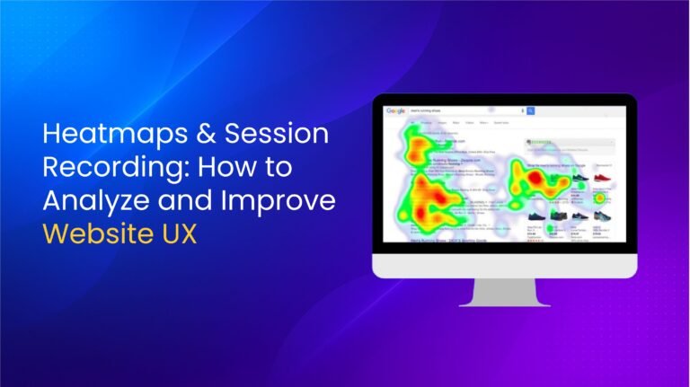 A presentation slide with a vibrant blue and purple gradient background. On the left, white and yellow text reads “Heatmaps & Session Recording: How to Analyze and Improve Website UX.” On the right, a desktop monitor displays a heatmap overlay on a Google search result page, highlighting user attention areas in red, yellow, green, and blue.