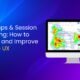 A presentation slide with a vibrant blue and purple gradient background. On the left, white and yellow text reads “Heatmaps & Session Recording: How to Analyze and Improve Website UX.” On the right, a desktop monitor displays a heatmap overlay on a Google search result page, highlighting user attention areas in red, yellow, green, and blue.