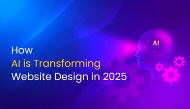 How AI is Transforming Website Design in 2025 – with human head, neural network, and gear icons on a futuristic gradient background.