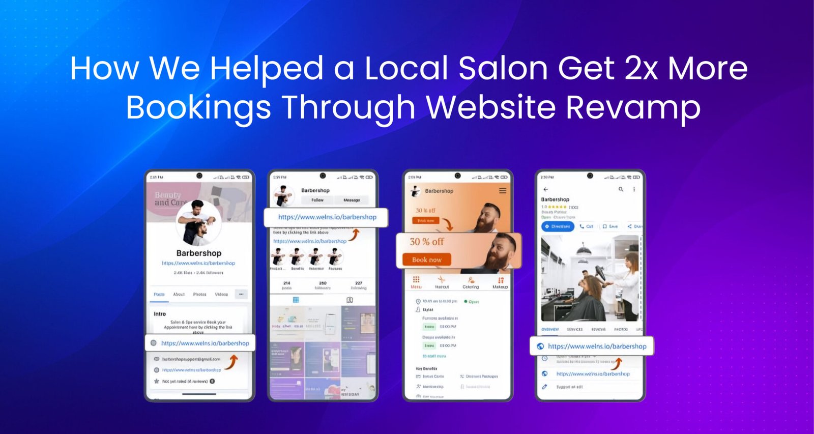 "Mobile screenshots showing a local salon's website revamp journey with increased bookings."