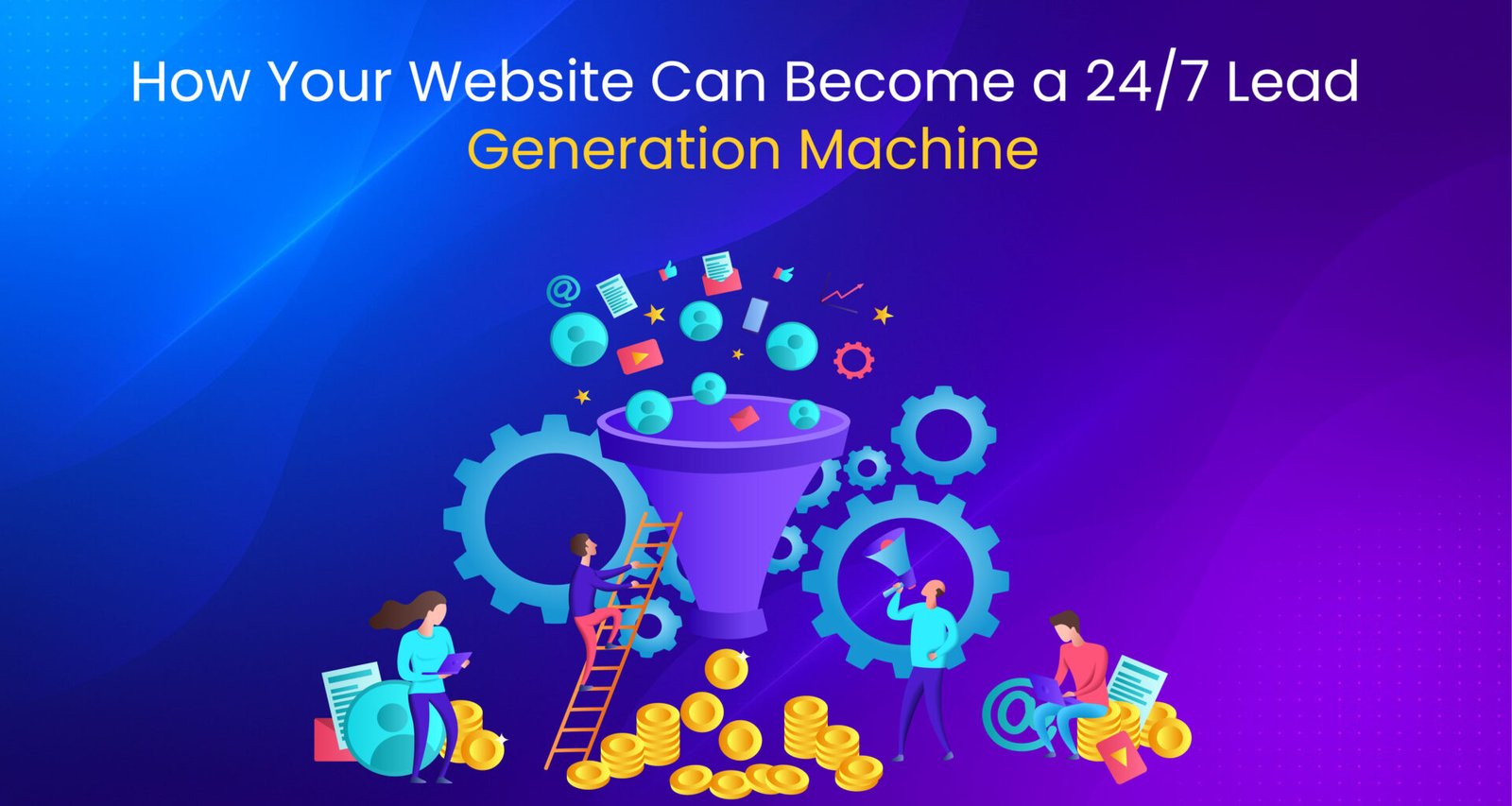 "Illustration of digital marketing funnel turning website activity into leads with gears, coins, and people interacting"