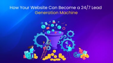 "Illustration of digital marketing funnel turning website activity into leads with gears, coins, and people interacting"