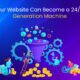 "Illustration of digital marketing funnel turning website activity into leads with gears, coins, and people interacting"
