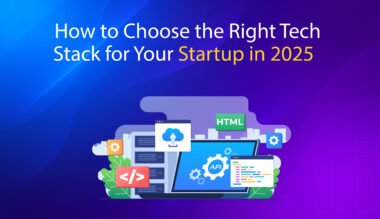 How to Choose the Right Tech Stack for Your Startup in 2025 – illustrated with code, cloud, HTML, and server icons.