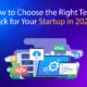 How to Choose the Right Tech Stack for Your Startup in 2025 – illustrated with code, cloud, HTML, and server icons.