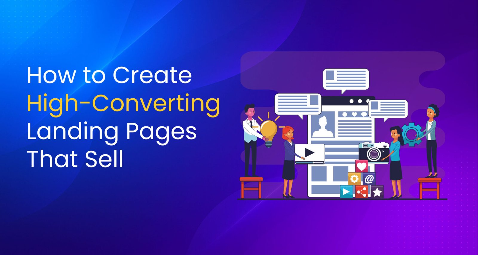 Illustration of team collaboration building a high-converting landing page with icons like video, camera, chat, and settings on a purple and blue gradient background.
