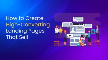 Illustration of team collaboration building a high-converting landing page with icons like video, camera, chat, and settings on a purple and blue gradient background.