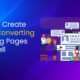 Illustration of team collaboration building a high-converting landing page with icons like video, camera, chat, and settings on a purple and blue gradient background.