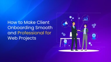 Illustration of two professionals shaking hands with text about client onboarding for web projects