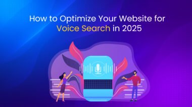 Illustration showing people interacting with a large microphone icon, representing voice search optimization