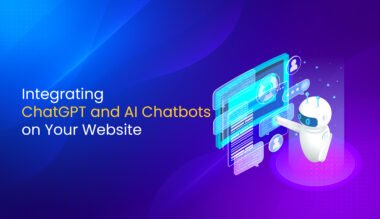 Robot interacting with digital chatbot interface – representing ChatGPT and AI chatbot integration on websites in 2025.