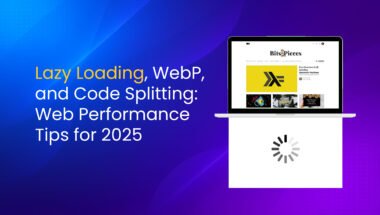 Laptop screen showing a blog with a loading icon below, representing web performance concepts like Lazy Loading, WebP, and Code Splitting.