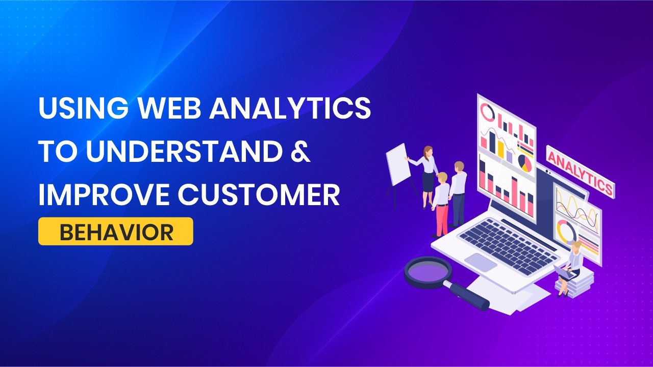 "Illustration showing people analyzing customer behavior with web analytics dashboards and charts on a laptop screen"