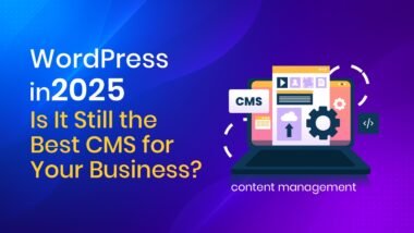 "Illustration of WordPress CMS dashboard in 2025 with content management icons and coding elements"