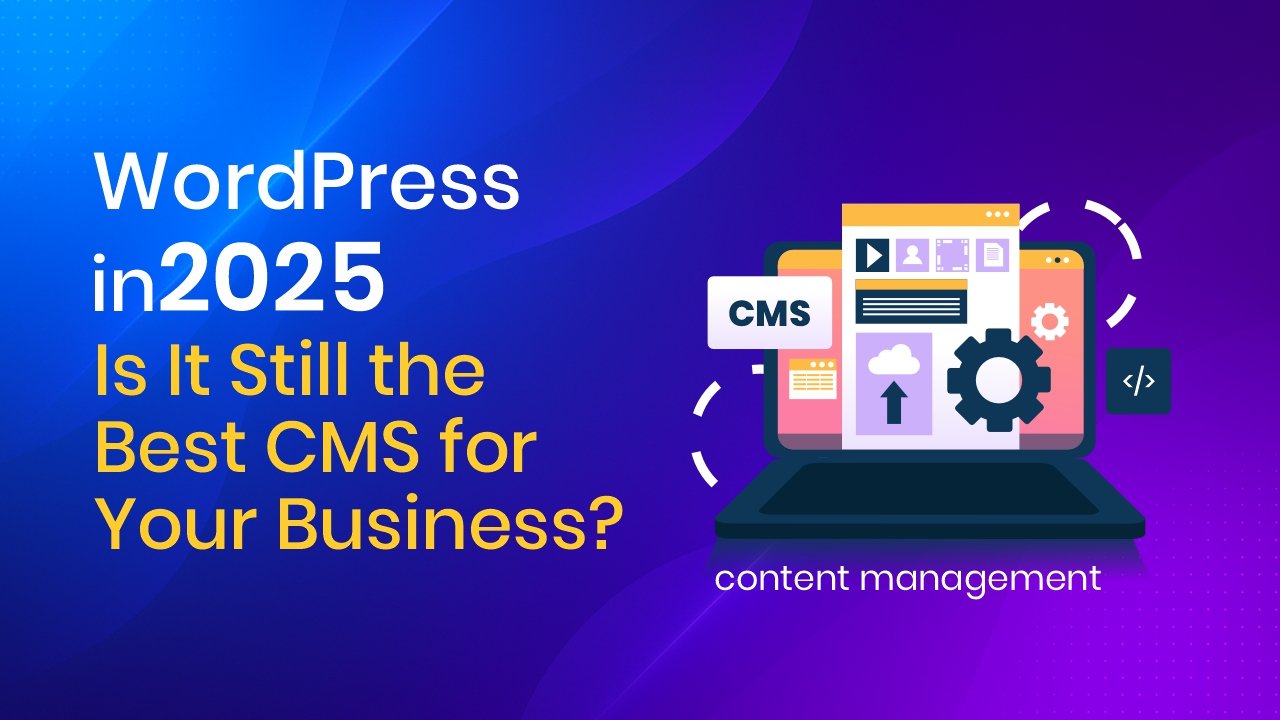 "Illustration of WordPress CMS dashboard in 2025 with content management icons and coding elements"