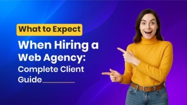 Smiling woman pointing at the text “What to Expect When Hiring a Web Agency – Complete Client Guide” on a blue-purple gradient background