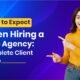 Smiling woman pointing at the text “What to Expect When Hiring a Web Agency – Complete Client Guide” on a blue-purple gradient background