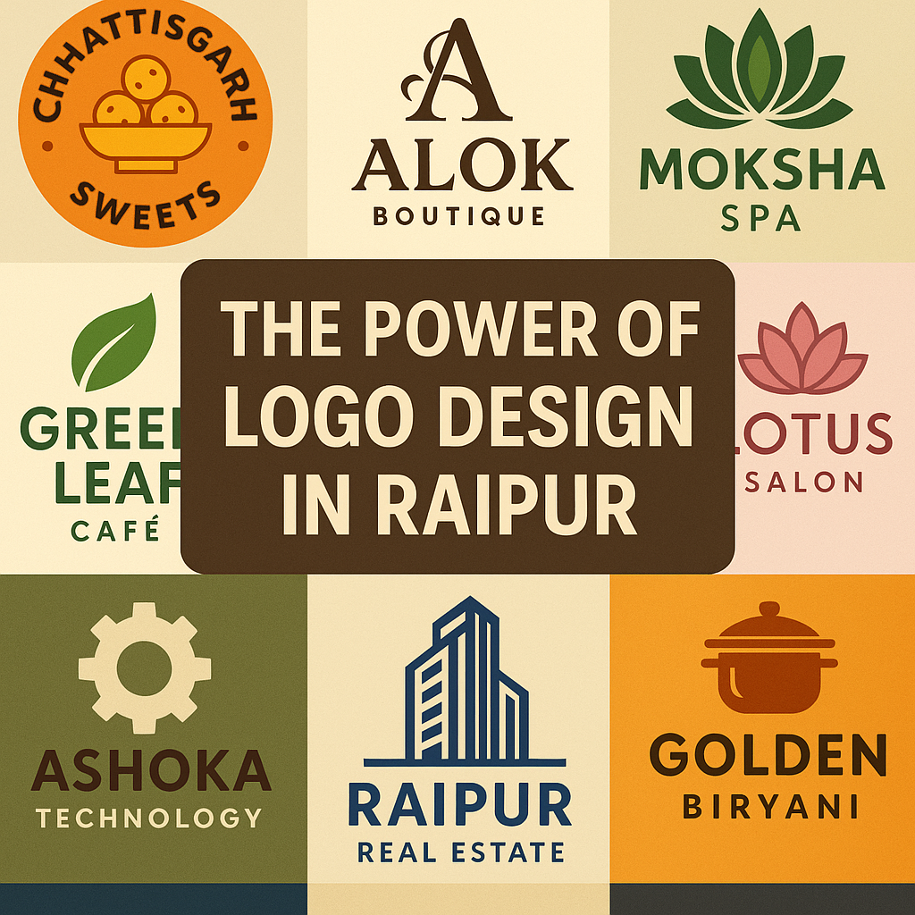 A collage of 8 fictional business logos for different industries in Raipur, with a central title box that reads "THE POWER OF LOGO DESIGN IN RAIPUR". The logos include "Chhattisgarh Sweets," "Alok Boutique," "Moksha Spa," "Green Leaf Café," "Lotus Salon," "Ashoka Technology," "Raipur Real Estate," and "Golden Biryani."