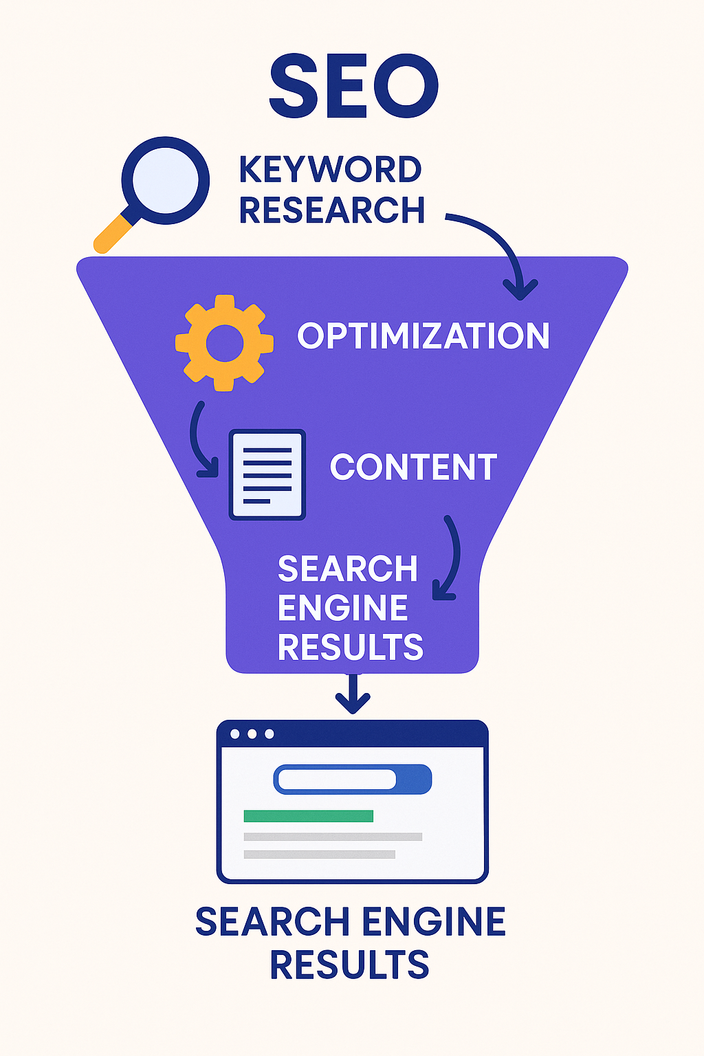 SEO process infographic showing keyword research, on-page, and local SEO services in Raipur
