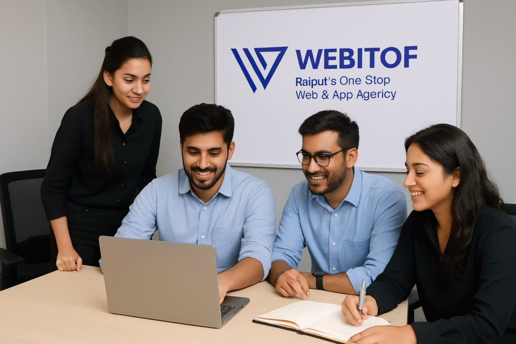 A candid, professional photo of the Webitof team in a modern office setting, collaborating on a project. This humanizes the brand and builds trust.