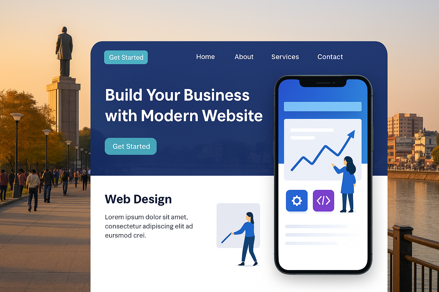 A modern website mockup displayed over a scenic backdrop of Raipur’s Marine Drive promenade at sunset, connecting digital design with the city’s iconic landmark.