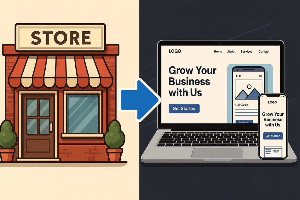 Split illustration showing a traditional storefront with a striped awning on the left and a modern, mobile-responsive website displayed on a laptop and smartphone on the right, connected by a bold blue arrow.