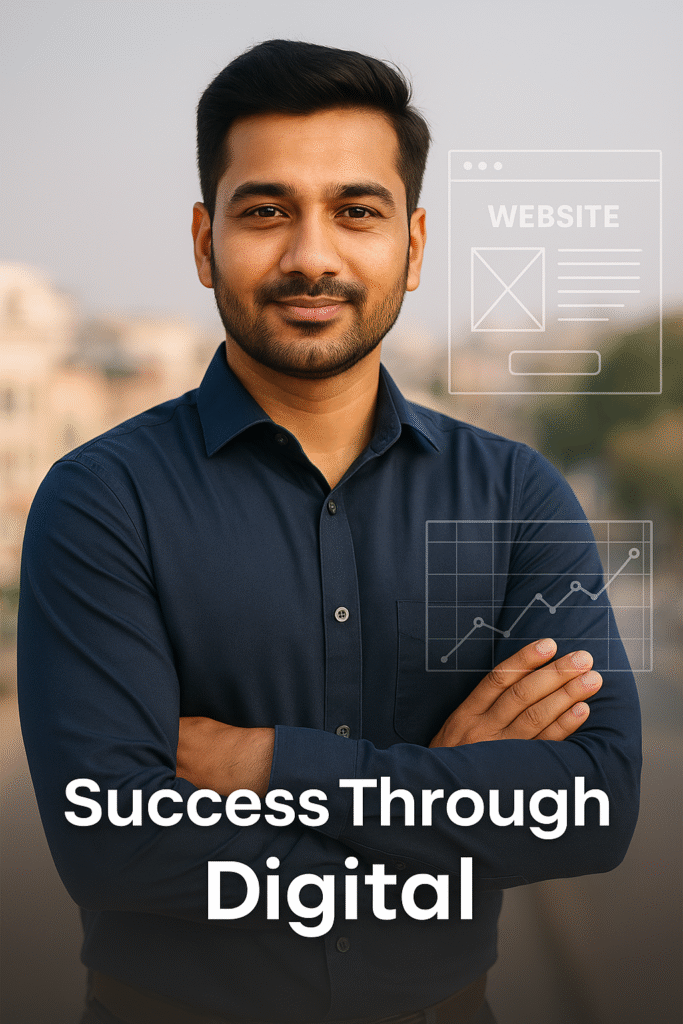 A confident young Raipur entrepreneur in a professional headshot, with transparent overlays of a website wireframe and analytics graph symbolizing digital growth.