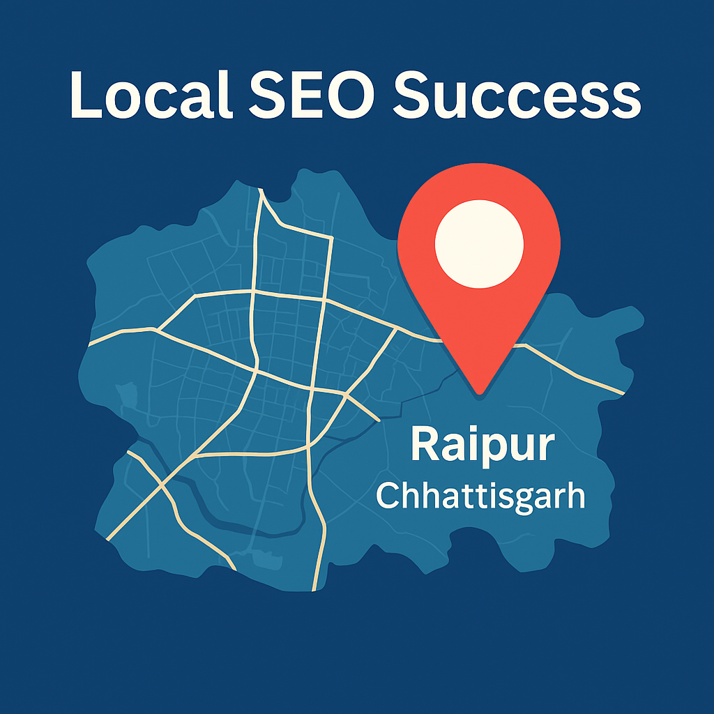 A digital map illustration of Raipur, Chhattisgarh with a red location pin and text "Local SEO Success."
