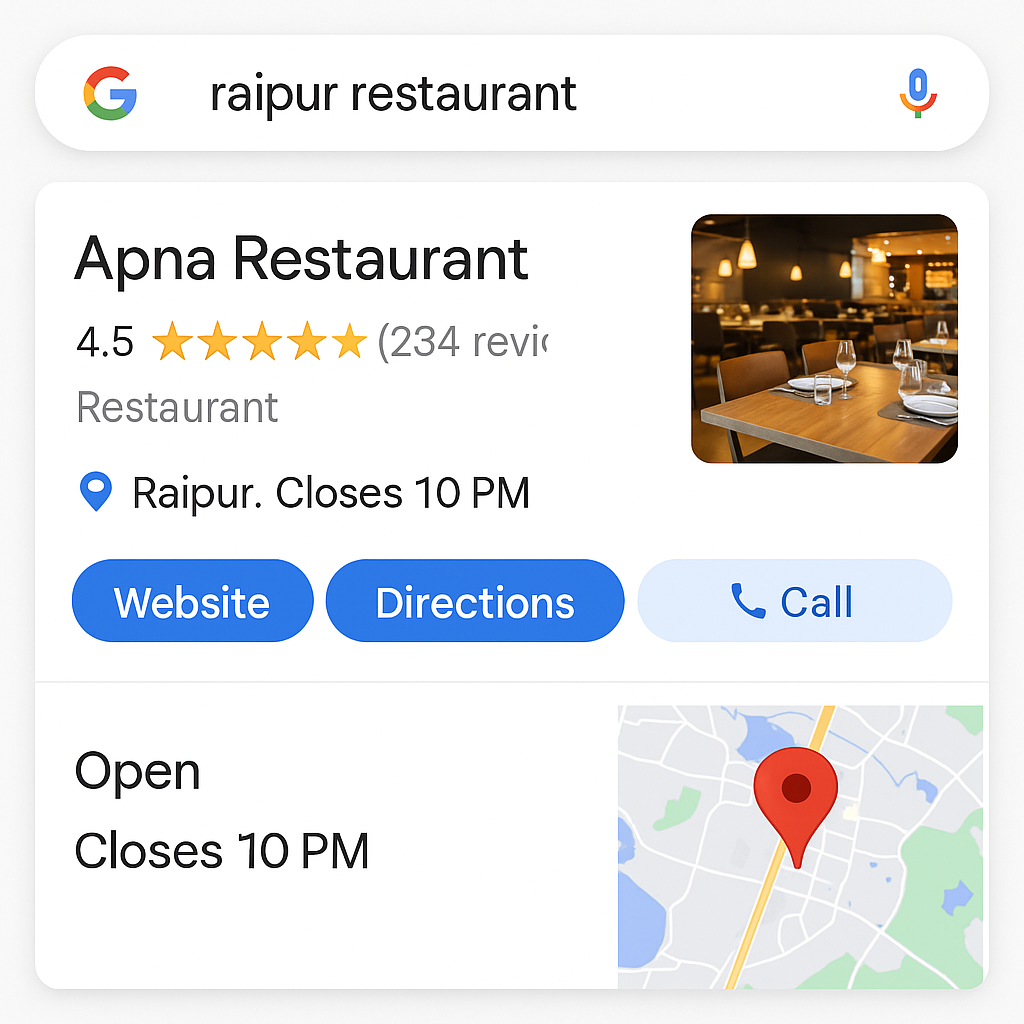 Raipur restaurant ranking in Google Maps local pack