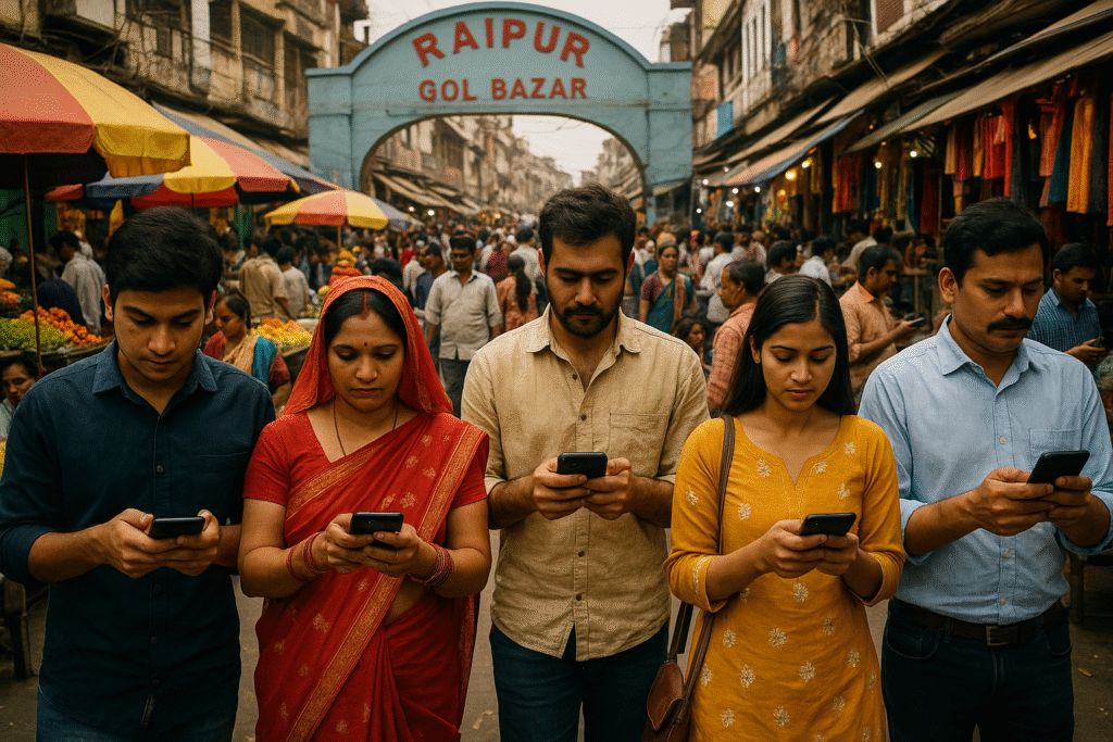 Raipur marketplace with customers using smartphones.