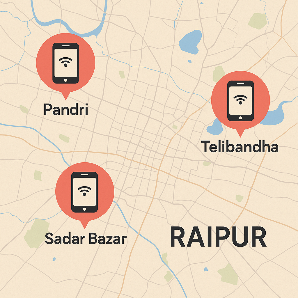 Mobile app reach across Raipur's business districts.