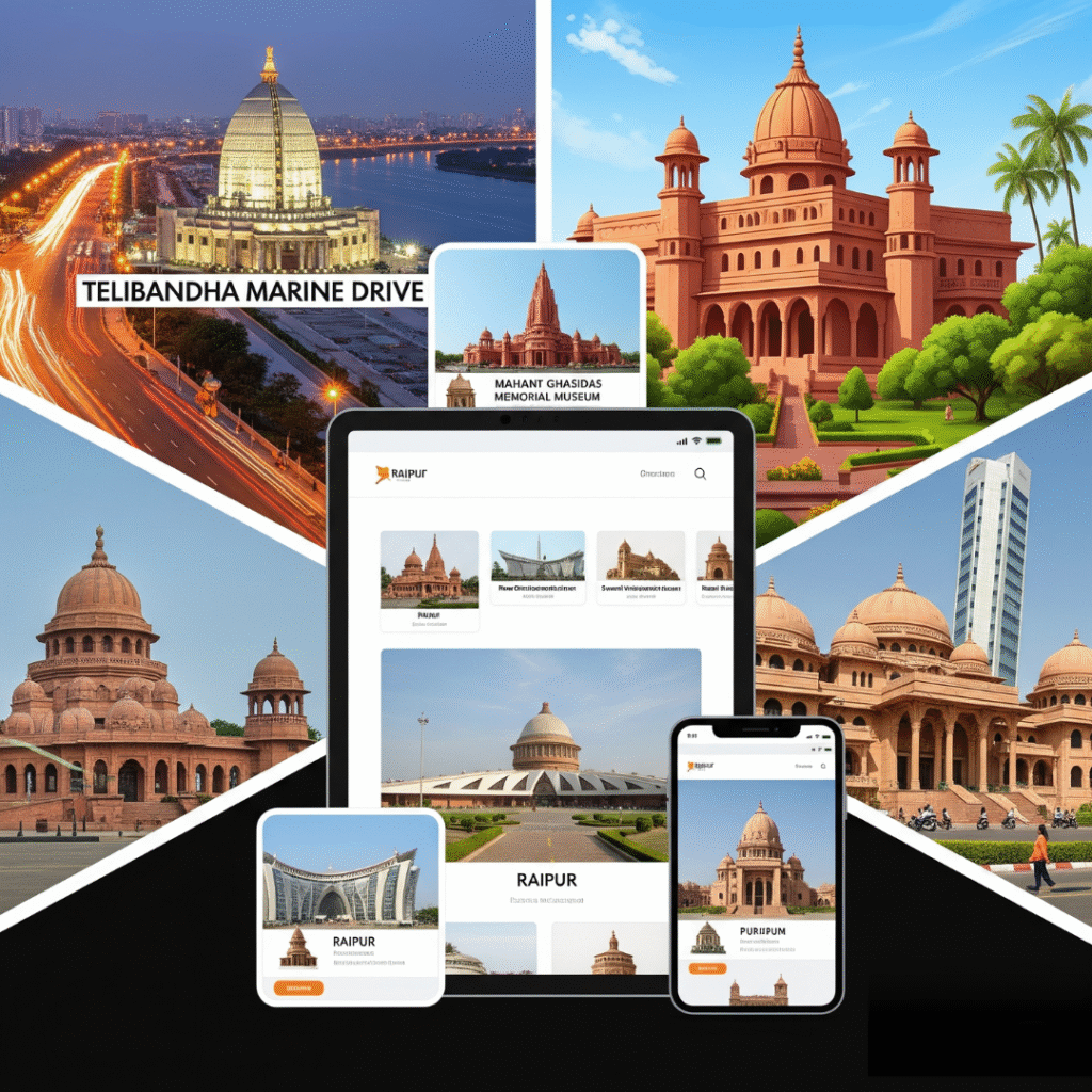 A collage of iconic Raipur landmarks such as Telibandha Marine Drive, Mahant Ghasidas Memorial Museum, and other architectural sites, with various digital devices (laptop, tablet, smartphone) displaying a website themed around Raipur tourism and heritage.