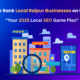 A digital illustration showing colorful buildings, a magnifying glass, and a smartphone with a map pin and star ratings, accompanied by the text “How to Rank Local Raipur Businesses on Google?” and “Your 2025 Local SEO Game Plan” on a blue-purple gradient background.