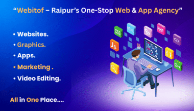 Illustration of a person working at a computer with floating coding icons, alongside text promoting Webitof as Raipur’s one-stop web and app agency offering websites, graphics, apps, marketing, and video editing.